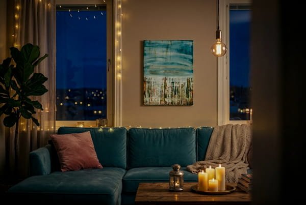 "Atlantida" – paveikslas svetainėje, vakaro šviesoje.