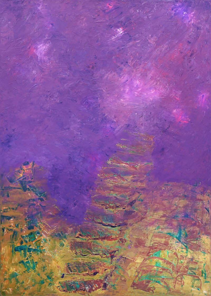 Abstraktaus dvasinio meno paveikslo „Meilės laiptai“ reprodukcija, atspindinti sielos kilimą į aukštesnes vibracijas.