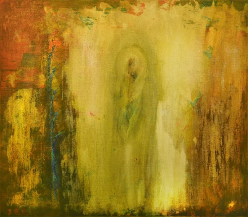 Aukštų vibracijų energinio paveikslo „Šviesa“ reprodukcija ant drobės, spinduliuojanti ramybę ir šilumą.